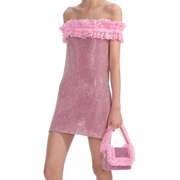 760$ Self-Portrait X Christopher Kane Crystal Fishnet Mini Dress Size 10 Pink - Picture 2 of 3